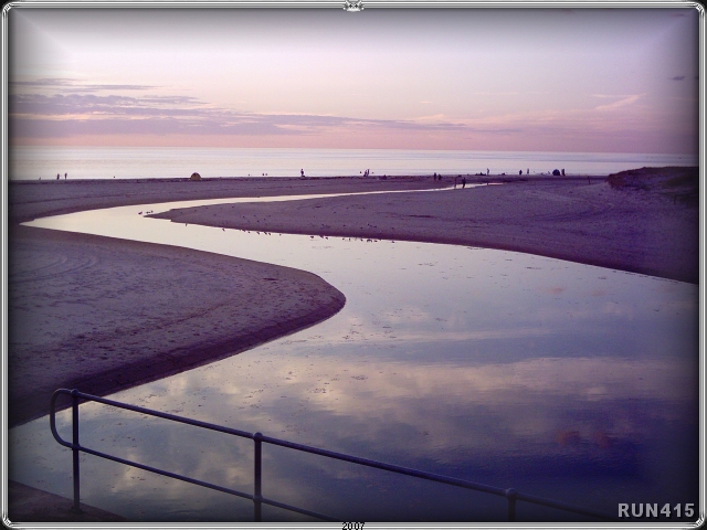 = River Torrens =
Where the Torrens meets the sea.
The snake shape of the river is always moving about.
In winter, with a stronger flow, it scours a bee line for the sea.