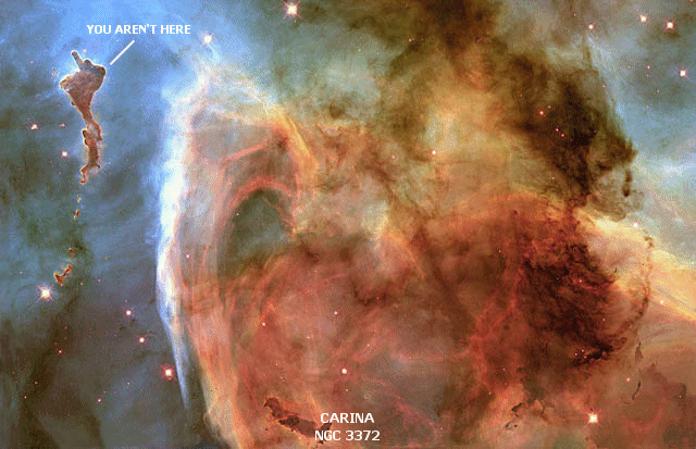 = Carina =
NGC 3372 [Image JPL-Caltech]
You are not here.
One aspect of Carina is THE FINGER!